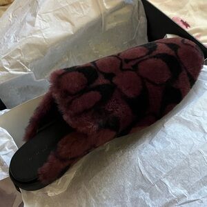 Coach Plush Slide Mule in Burgundy and Black Pattern